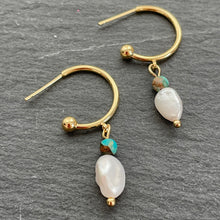 Load image into Gallery viewer, Aquaria Freshwater Pearl &amp; Turquoise Gold Hoop Earrings