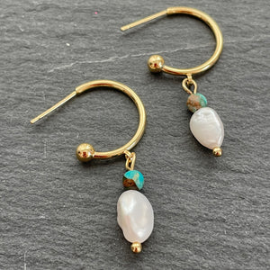 Aquaria Freshwater Pearl & Turquoise Gold Hoop Earrings