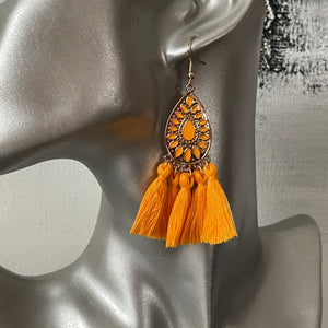 Allegra boho gold teardrop tassel earrings tangerine orange