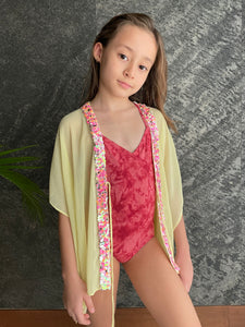 Whitney pale yellow crepe chiffon confetti sequin pink trimmed kids beachwear resort wear beach kaftan