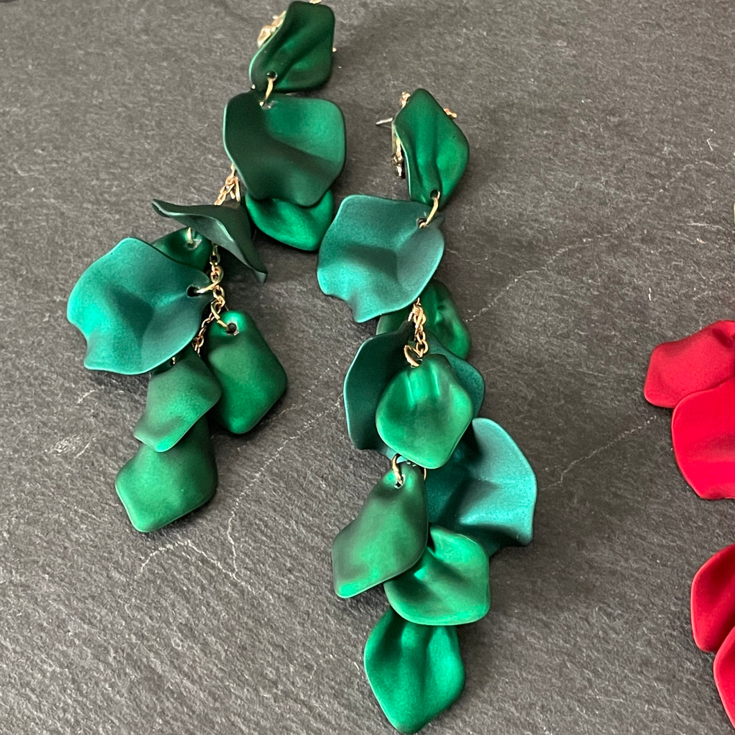 Odette glamorous shimmery lightweight floral dangle earrings in green shimmer