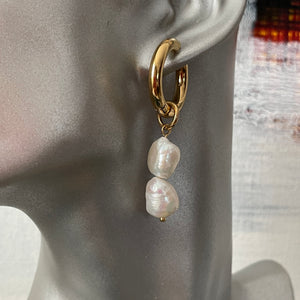 Sansa natural pearl gold huggie hoop dangle earrings
