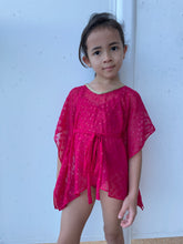 Load image into Gallery viewer, Kids girls beachwear Anka hot fuchsia drawstring glitter spotted beach kaftan with hand-sewn slinky gold trimmed neckline