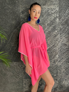 Lahela neon pink cluster beaded womens belted drawstring beachwear beach kaftan in a matching mommy and me set