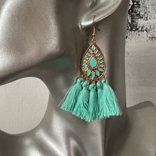 Load image into Gallery viewer, Allegra boho gold teardrop tassel earrings mint green