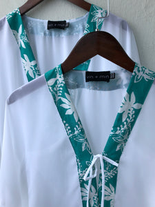 Onism collection white lurex chiffon batik trimmed womens beachwear resort wear beach kaftan in a matching mommy and me set