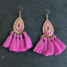 Load image into Gallery viewer, Allegra boho gold teardrop tassel earrings purple