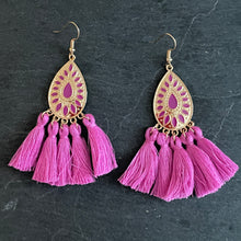 Load image into Gallery viewer, Allegra boho gold teardrop tassel earrings purple