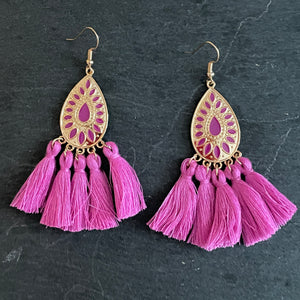 Allegra boho gold teardrop tassel earrings purple