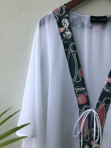 Onism collection white lurex chiffon batik trimmed womens beachwear resort wear beach kaftan