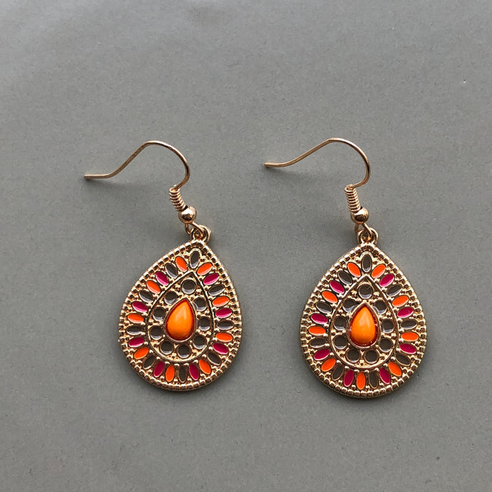 Radha hand painted bead tear drop ethnic inspired gold earrings