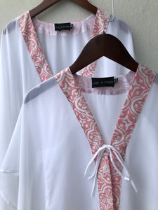 Onism collection white lurex chiffon batik trimmed womens beachwear resort wear beach kaftan in a matching mommy and me set