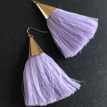 Load image into Gallery viewer, Cersei boho chic tassel earrings with gold accents in light purple