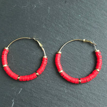 Load image into Gallery viewer, Zora handmade clay gold hoop earrings in red