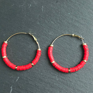 Zora handmade clay gold hoop earrings in red