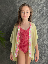 Load image into Gallery viewer, Whitney pale yellow crepe chiffon confetti sequin pink trimmed kids beachwear resort wear beach kaftan