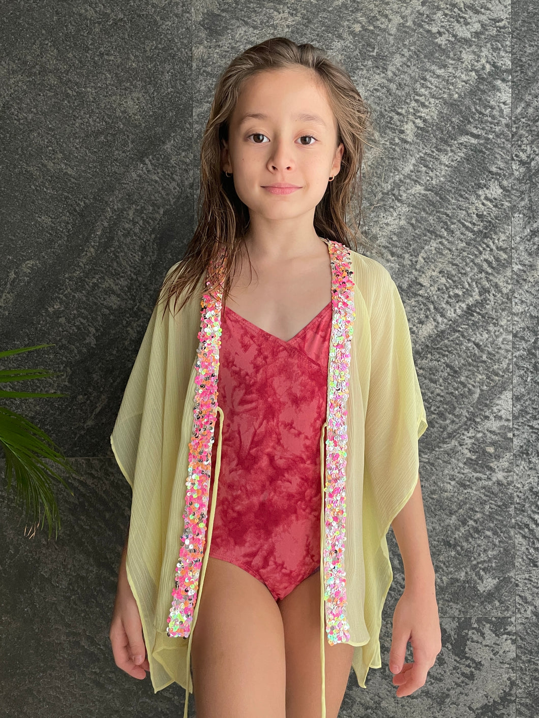 Whitney pale yellow crepe chiffon confetti sequin pink trimmed kids beachwear resort wear beach kaftan