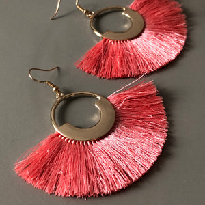 Tenea boho chic glamorous crescent fan silk tassel earrings in coral