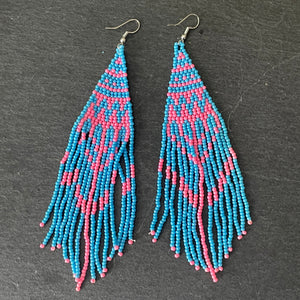 Sade handmade beaded boho chic two tone dangle earrings in pink and blue