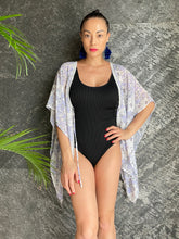 Load image into Gallery viewer, Luana periwinkle purple floral kaftan with crystal trim petite womens beachwear resort wear beach kaftan in a mommy and me matching set