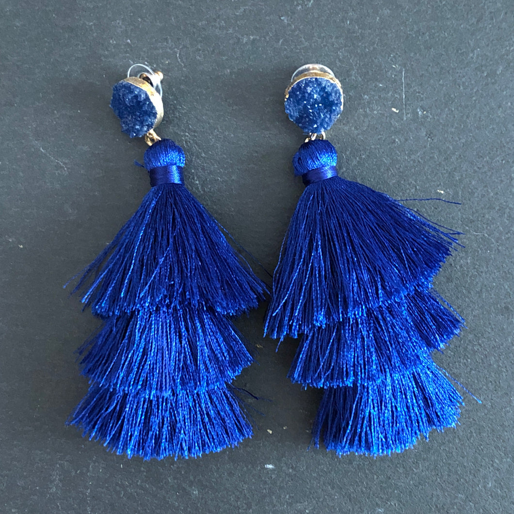 Lightweight 3-tier silk thread tassel earrings with druzy resin accents blue