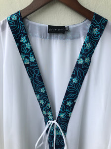 Onism collection white lurex chiffon batik trimmed womens beachwear resort wear beach kaftan 