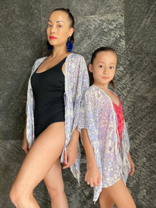 Luana periwinkle purple floral kaftan with crystal trim petite womens beachwear resort wear beach kaftan in a mommy and me matching set
