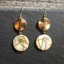 Load image into Gallery viewer, Nara mother of pearl dangle tiered earrings with warped gold accents