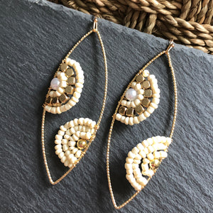 Cateri boho chic handmade hand-beaded dangle earrings in cream and gold