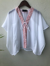 Load image into Gallery viewer, Onism collection white lurex chiffon batik trimmed kids beachwear resort wear beach kaftan in a matching mommy and me set