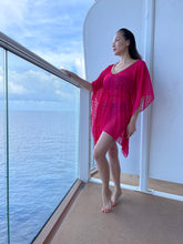 Load image into Gallery viewer, Women&#39;s beachwear Anka hot fuchsia drawstring glitter spotted beach kaftan with hand-sewn slinky gold trimmed neckline