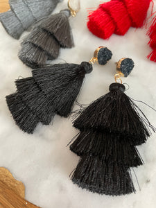 Lightweight 3-tier silk thread tassel earrings with druzy resin accents in black