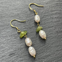Load image into Gallery viewer, Maev Asymmetrical Freshwater Pearl &amp; Tourmaline Earrings