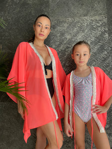 Nikani neon orange chiffon white sequin tassel trimmed womens glamorous beachwear resort wear beach kaftan in a mommy and me matching set