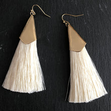 Load image into Gallery viewer, Thalia silk tassel boho chic glamorous silk tassel earrings with gold accents in cream