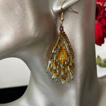 Load image into Gallery viewer, Sakari small handmade beaded boho chic ethnic inspired statement dangle earrings in gold and green