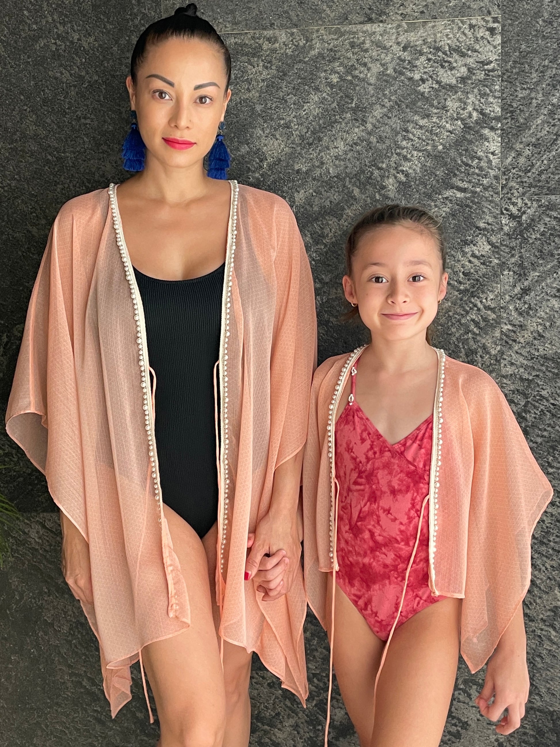 Ula pale orange textured chiffon pearl beaded trim kids beachwear resort wear beach kaftan in a matching mommy and me set