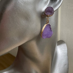 Odina natural druzy crystal dangle earrings in purple