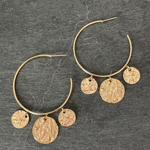 Keava texture gold coin large hoop dangle earrings