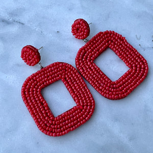 Yelia handmade beaded bold coloured statement dangle earrings in red