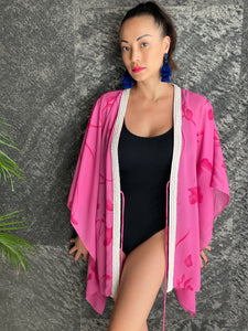 Lorelai abstract floral bright pink handsewn beaded trim womens beachwear resort wear beach kaftan