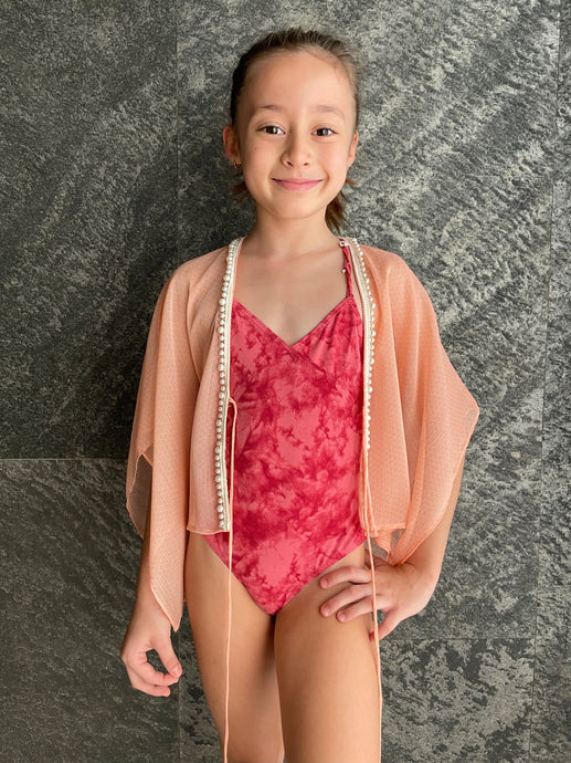 Ula pale orange textured chiffon pearl beaded trim kids beachwear resort wear beach kaftan in a matching mommy and me set