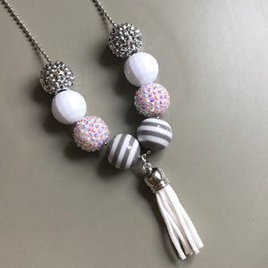 Demelza kids beaded tassel necklace in white and silver