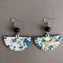 Load image into Gallery viewer, Mini Hidemi ethnic-inspired hand floral fan shaped wooden earrings in blue