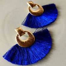 Load image into Gallery viewer, Camille boho glamorous fan tassel earrings with textured gold circle pin in blue