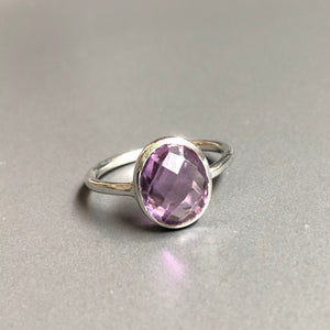 Round purple amethyst ring on sterling silver