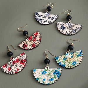Mini Hidemi ethnic-inspired hand floral fan shaped wooden earrings