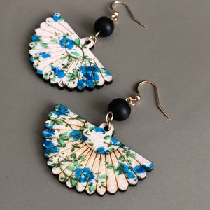 Mini Hidemi ethnic-inspired hand floral fan shaped wooden earrings in blue