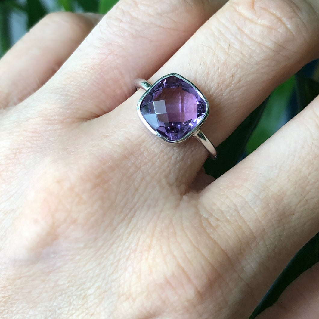 Square purple amethyst ring on sterling silver