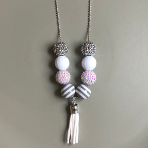 Demelza kids beaded tassel necklace in white and silver